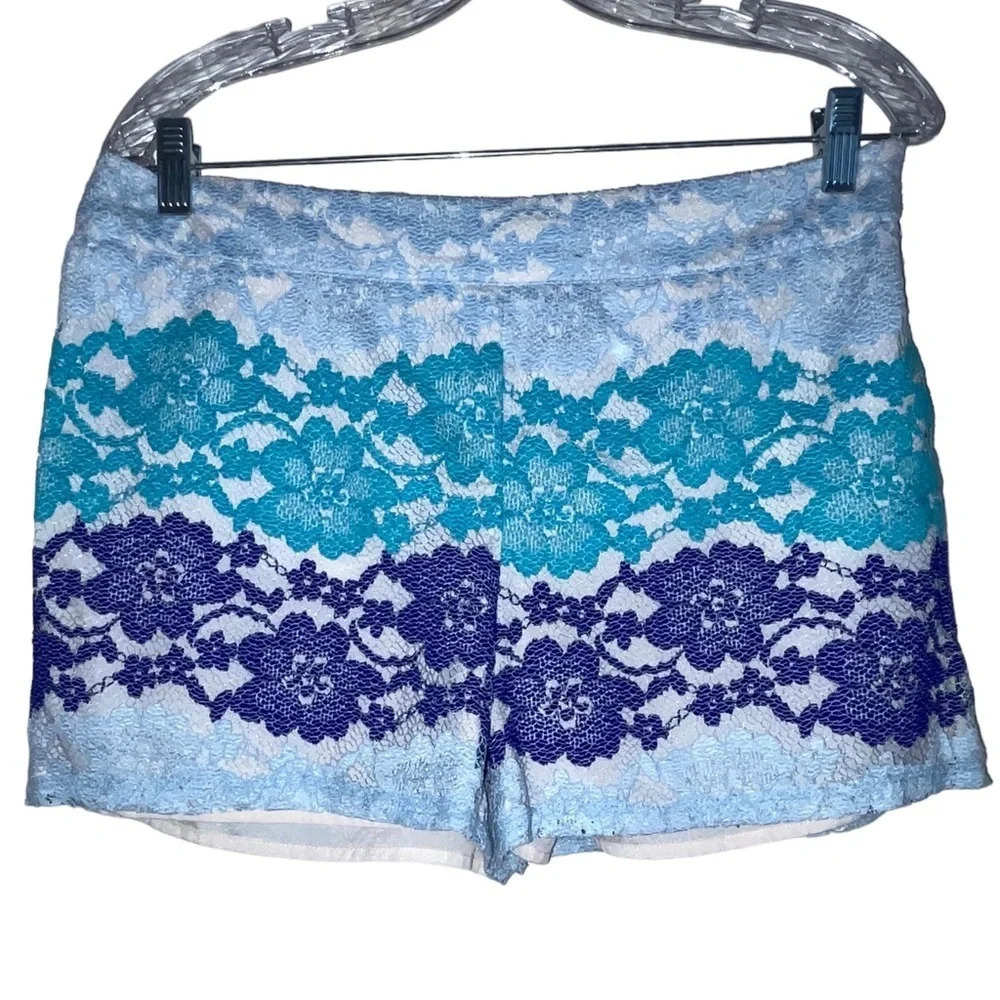 EVERLY Blue Lace Shorts Lined Size Large Side Zip Boho Preppy Colorful Spring